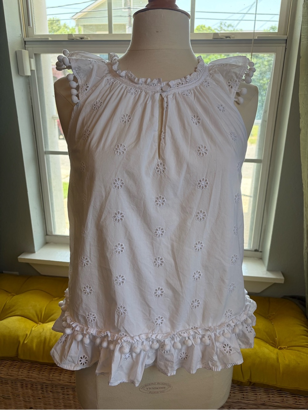 J. Crew White Eyelet Pom-Pom Ruffle Sleeveless Top
